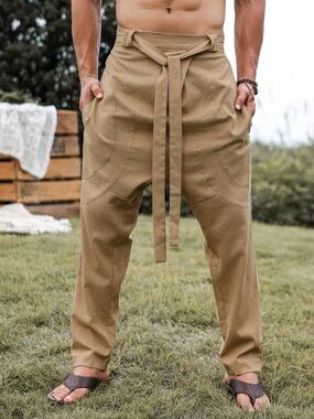 Manfinity Linen Blend Waistband Casual Khaki Pants Size Small